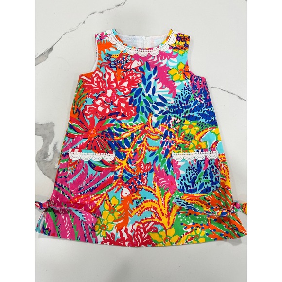 Lilly Pulitzer Other - Lilly Pulitzer Girls Multicolor Floral Coral Lace Trim Shift Dress Size 2